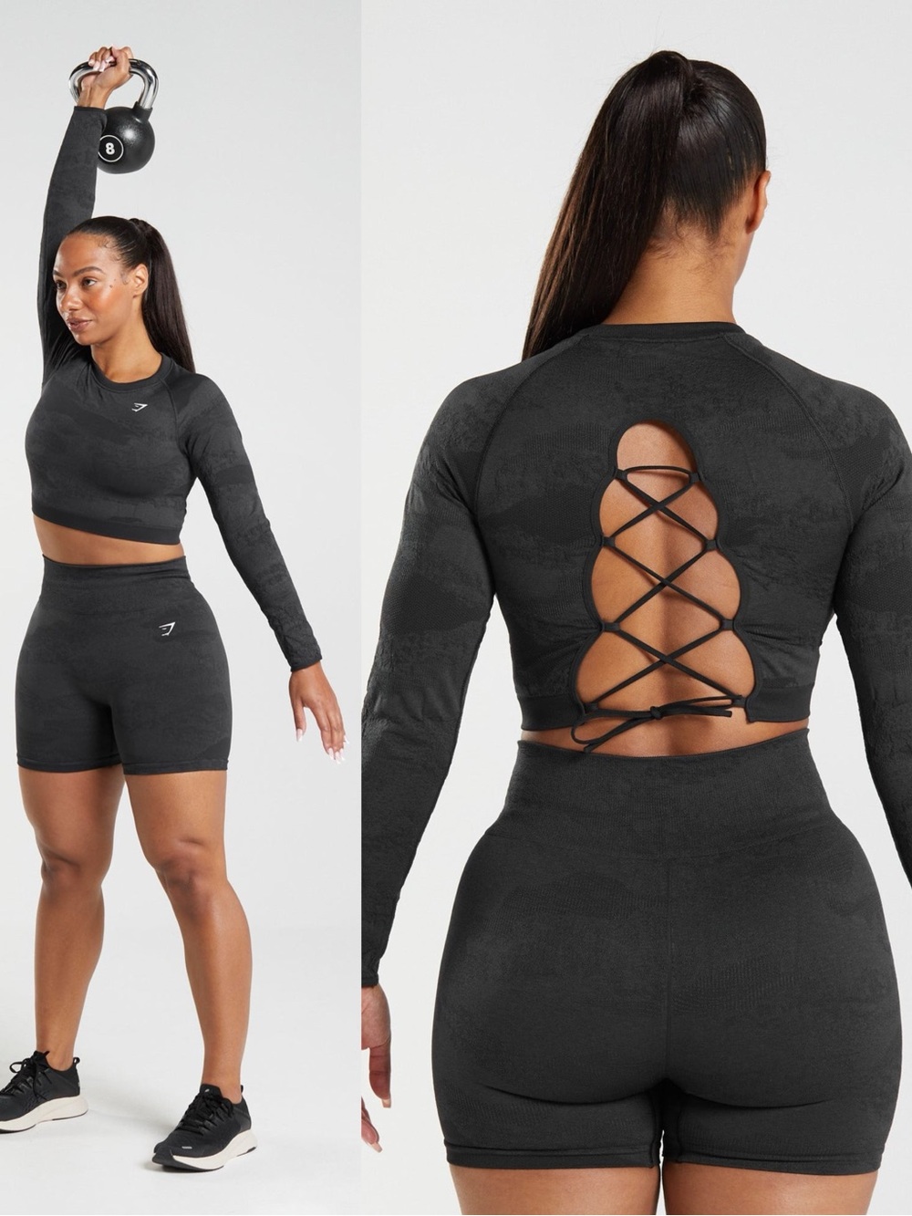 Gymshark Adapt Camo Seamless Lace Up Back Long Sleeve Crop Top